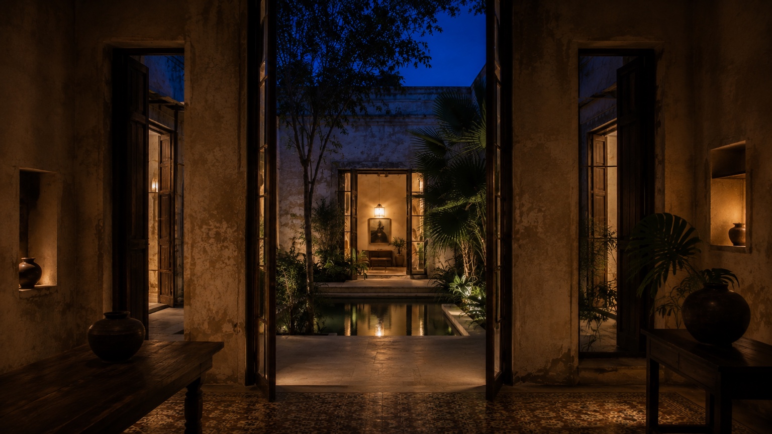 Sample restoration courtyard at blue hour