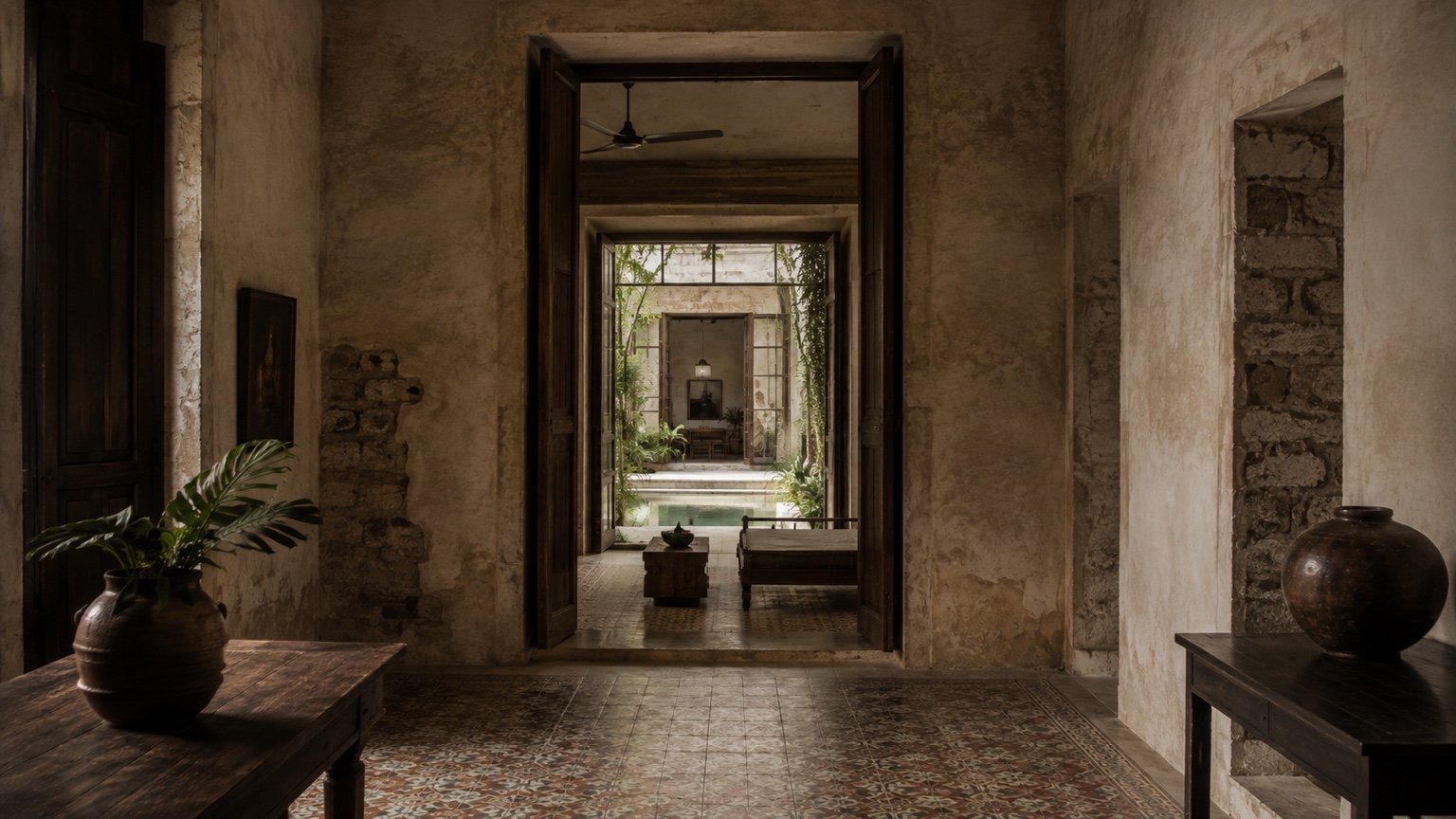 Sample restoration restored interior looking toward courtyard