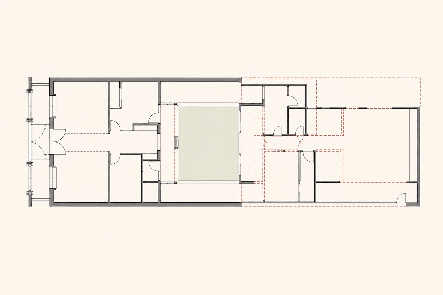 Conceptual architectural plan showing existing structure, removed walls and recovered courtyard