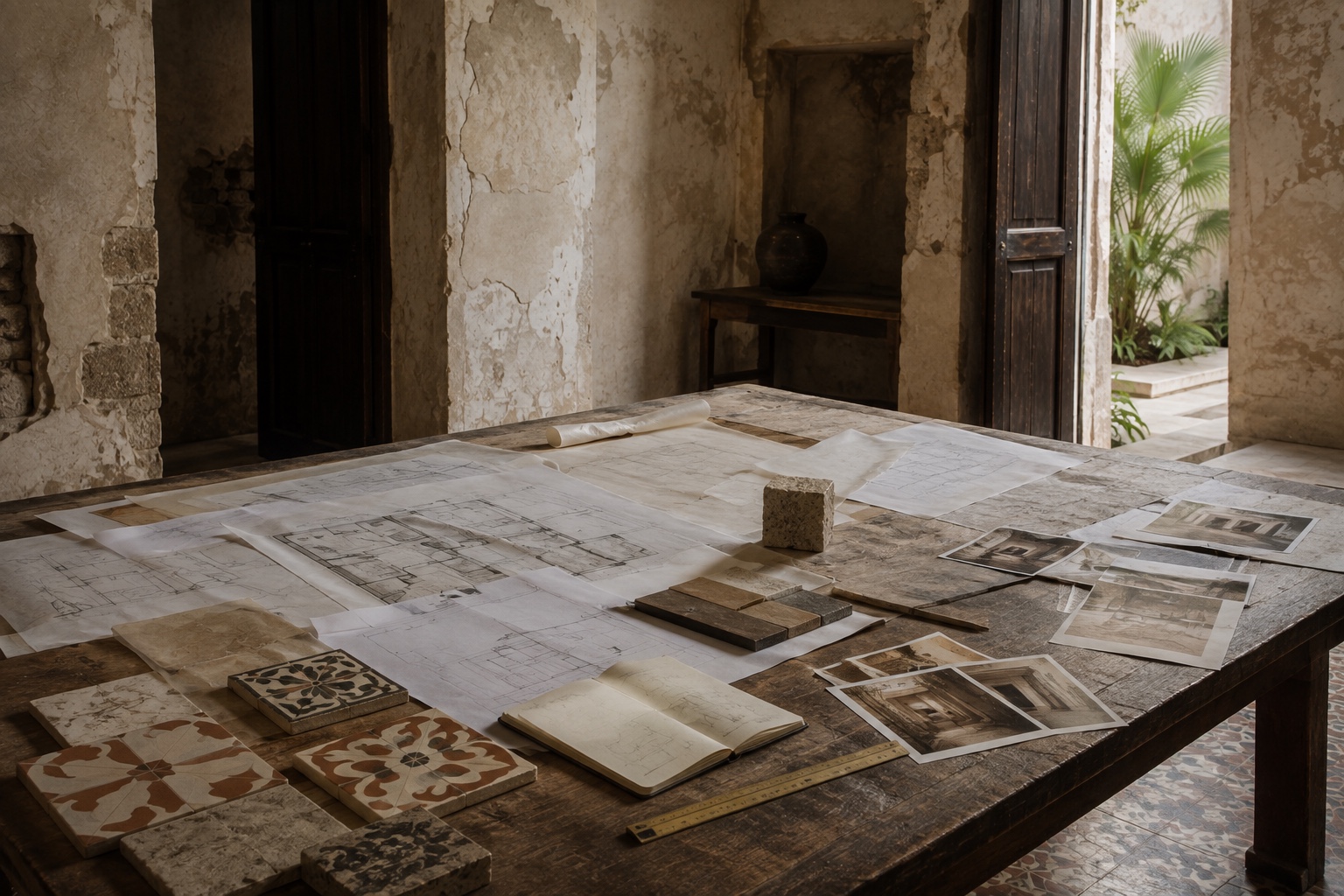 Architectural plans and material samples on a work table